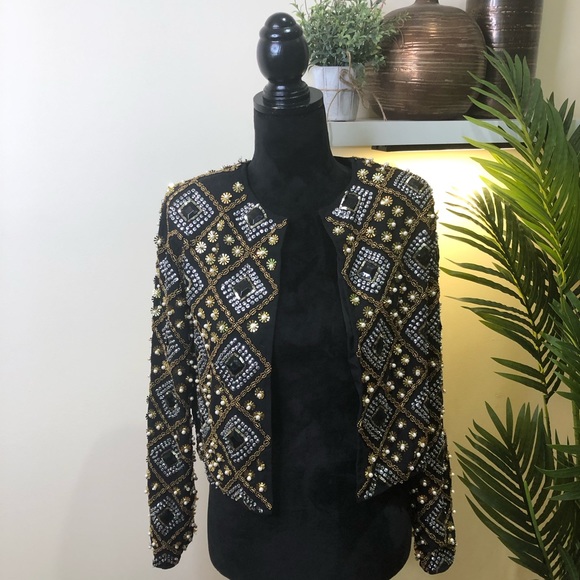 House of Harlow 1960 X Revolve Sequin & Beaded Crop Blazer Gold Silver Black XXS - Picture 4 of 12